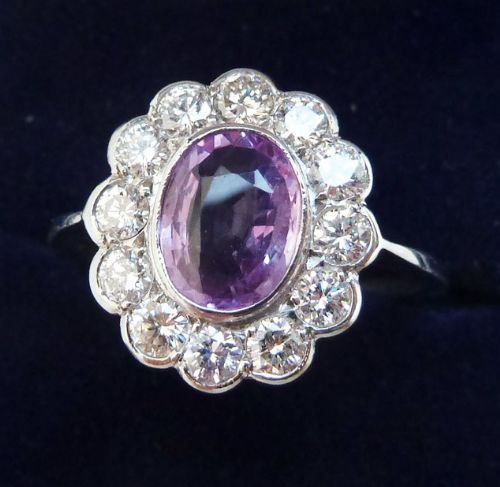 fig 1. Fabulous art deco platinum 1.50ct pink sapphire and diamond vintage antique cluster ring