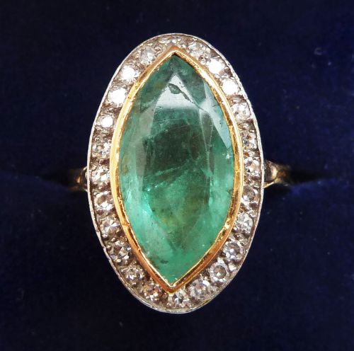 Fabulous Victorian 18ct Gold and Silver 5ct Emerald and Diamond Vintage Antique Marquise Ring