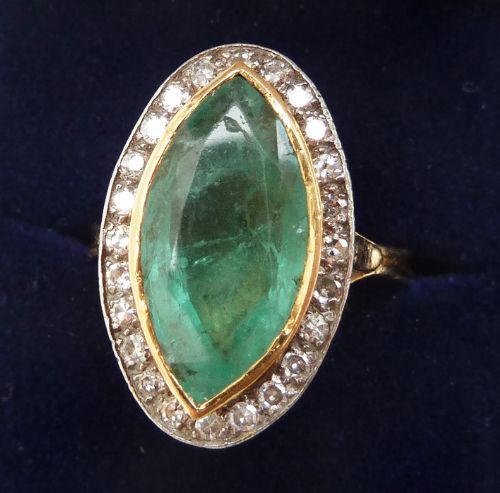 fig 1. Fabulous victorian 18ct gold and silver 5ct emerald and diamond vintage antique marquise ring