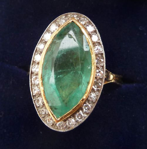 fig 2. Fabulous victorian 18ct gold and silver 5ct emerald and diamond vintage antique marquise ring