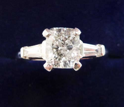 Stunning Platinum Art Deco 1.40 Cushion Cut Diamond and Baguette Solitaire Vintage Antique Ring