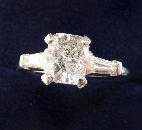 fig 1. Stunning platinum art deco 1.40 cushion cut diamond and baguette solitaire vintage antique ring