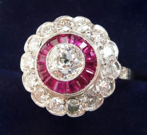 fig 1. Gorgeous art deco platinum ruby and 1.25ct diamond vintage antique target ring