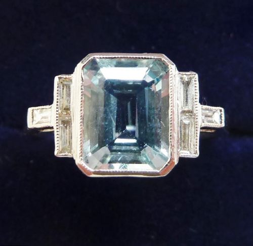 Gorgeous Platinum Art Deco 2ct Emerald Cut Aquamarine and Diamond Vintage Antique Ring