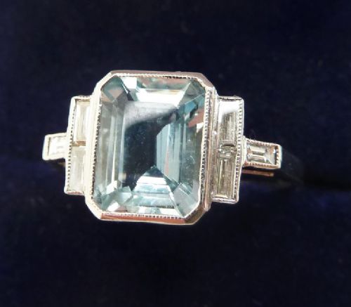 fig 1. Gorgeous platinum art deco 2ct emerald cut aquamarine and diamond vintage antique ring