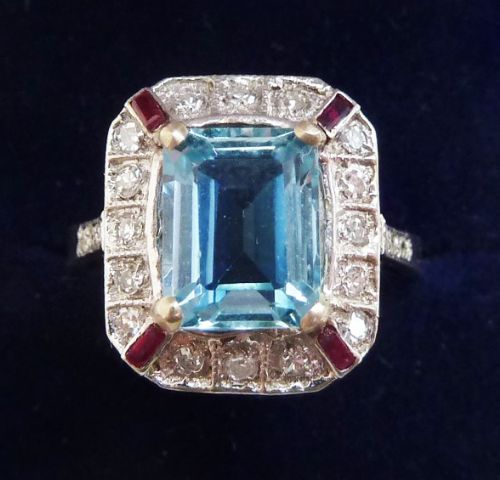 Big beautiful 18ct white gold 2ct aquamarine ruby and diamond vintage antique cluster ring sz Q