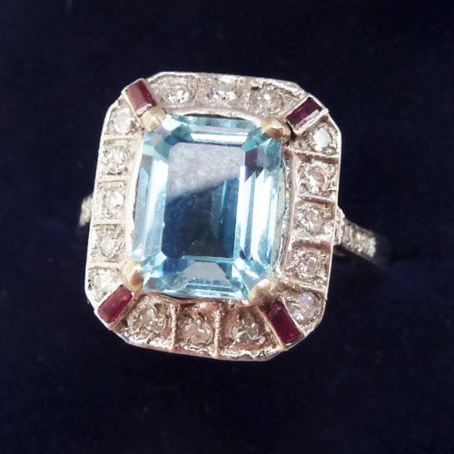 fig 1. Big beautiful 18ct white gold 2ct aquamarine ruby and diamond vintage antique cluster ring sz Q