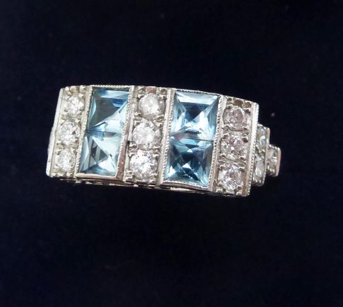 fig 1. Gorgeous art deco platinum aquamarine and diamond vintage antique ring