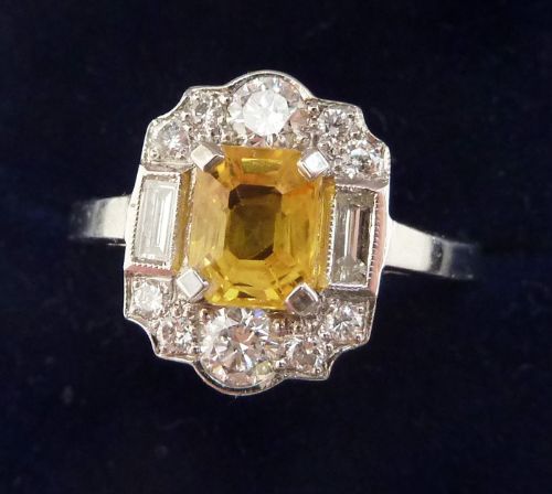 fig 1. Beautiful art deco platinum yellow sapphire and baguette diamond vintage antique cluster ring