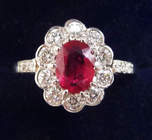 Gorgeous Art Deco Platinum 1ct Ruby and Diamond Vintage Antique Cluster Ring