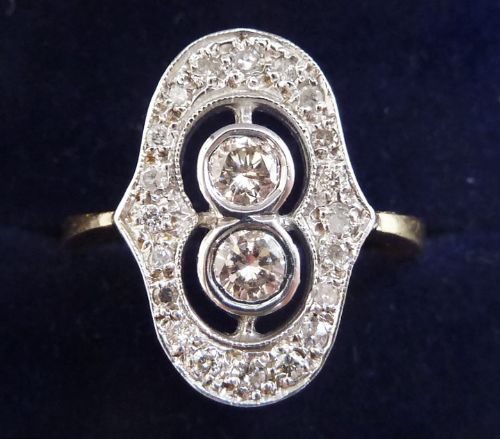 Beautiful Art Deco 18ct 18k and White Gold Diamond Elongated Vintage Antique Cluster Ring