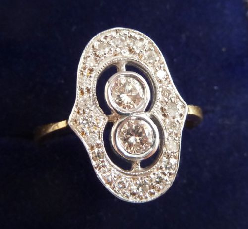 fig 1. Beautiful art deco 18ct 18k and white gold diamond elongated vintage antique cluster ring