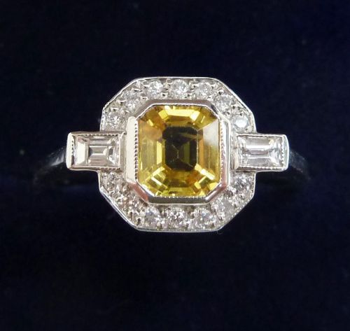 Gorgeous Platinum 1.50ct Yellow Sapphire and Baguette Diamond Vintage Antique Cluster Ring