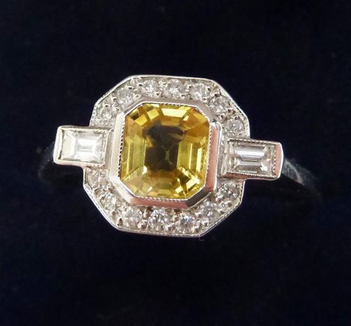 fig 1. Gorgeous platinum 1.50ct yellow sapphire and baguette diamond vintage antique cluster ring