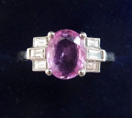 Gorgeous Platinum Art Deco 1.55ct Pink Sapphire and Baguette Diamond Vintage Antique Ring