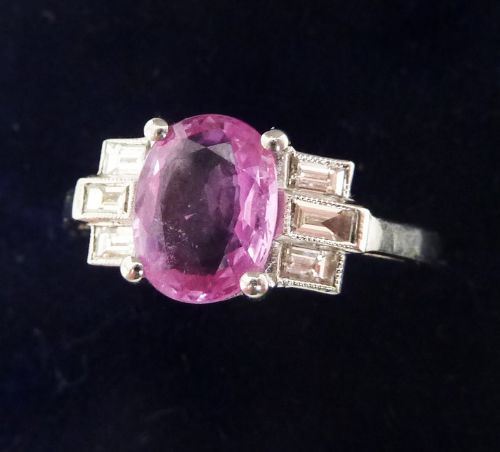 fig 1. Gorgeous platinum art deco 1.55ct pink sapphire and baguette diamond vintage antique ring