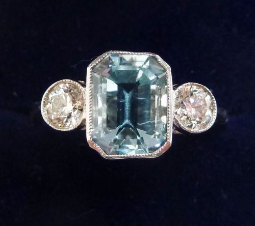 Gorgeous Platinum Art Deco 1.4ct Emerald Cut Aquamarine and Diamond Vintage Antique Trilogy Ring