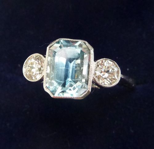 fig 1. Gorgeous platinum art deco 1.4ct emerald cut aquamarine and diamond vintage antique trilogy ring