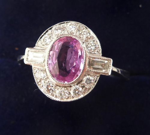 fig 1. Stunning platinum art deco 1ct pink sapphire and baguette diamond vintage antique ring