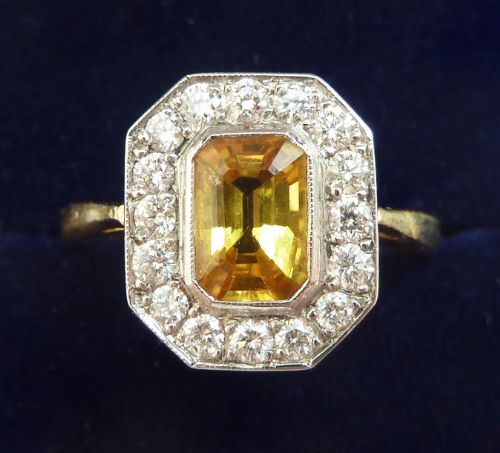 Gorgeous Art Deco 18ct Gold Platinum Yellow Sapphire and Diamond Vintage Antique Ring
