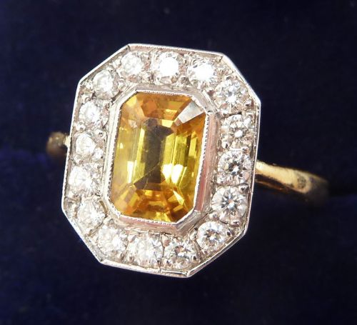 fig 1. Gorgeous art deco 18ct gold platinum yellow sapphire and diamond vintage antique ring