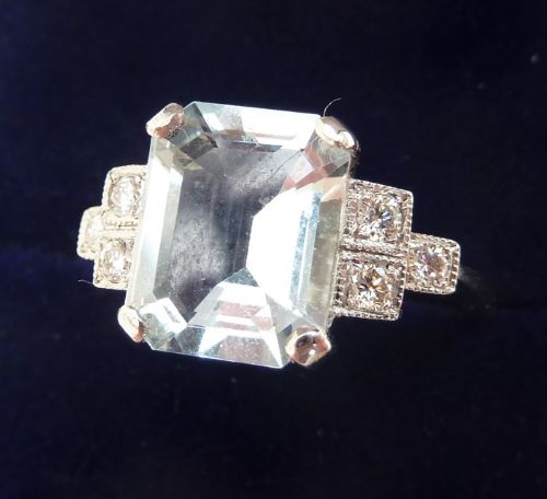 fig 1. Stunning art deco platinum 3ct emerald cut aquamarine and diamond vintage antique ring