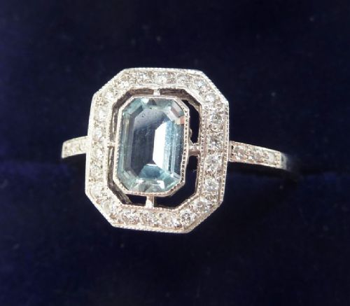 fig 1. Gorgeous platinum art deco 0.75ct emerald cut aquamarine and diamond vintage antique ring