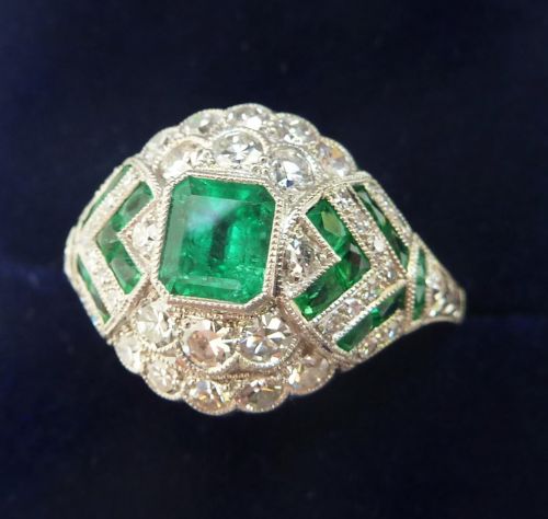 fig 1. Stunning platinum 0.90ct emerald and diamond vintage antique cluster ring