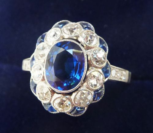 fig 1. Gorgeous platinum 1.40ct sapphire and diamond cluster vintage antique ring