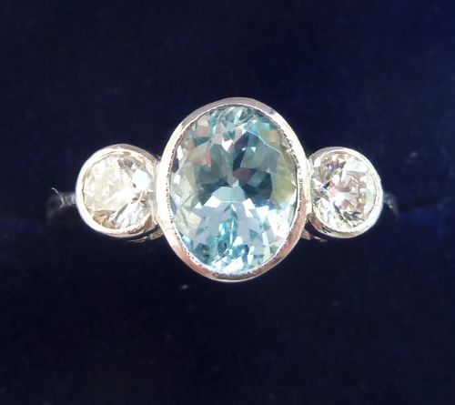 Beautiful Art Deco Platinum Aquamarine and Diamond Three Stone Vintage Antique Trilogy Ring