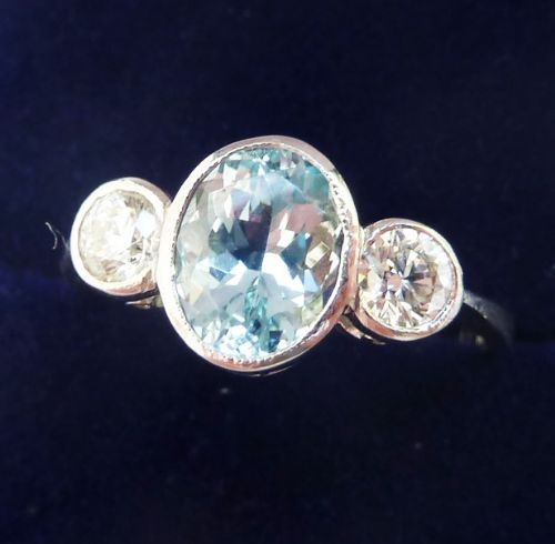 fig 1. Beautiful art deco platinum aquamarine and diamond three stone vintage antique trilogy ring