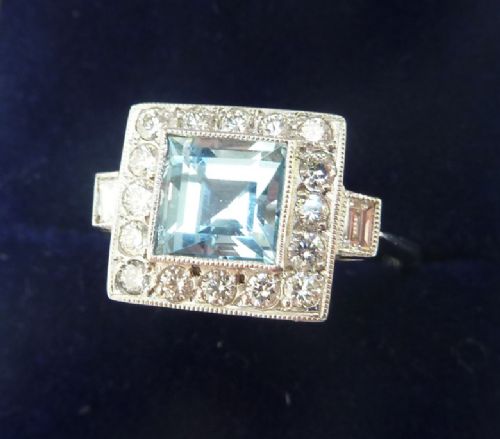 fig 1. Gorgeous art deco platinum aquamarine and baguette diamond vintage antique ring