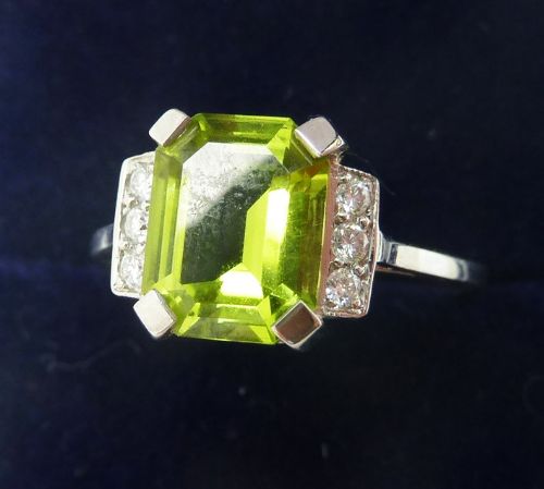 fig 1. Beautiful art deco platinum 2.2ct emerald cut peridot and diamond vintage antique ring