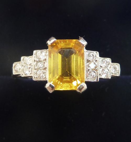 Gorgeous Art Deco Platinum 1.25ct Emerald Cut Yellow Sapphire and Diamond Vintage Antique Ring