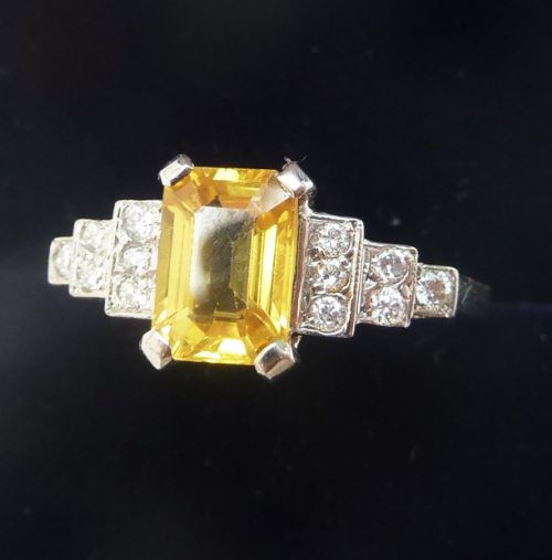 fig 1. Gorgeous art deco platinum 1.25ct emerald cut yellow sapphire and diamond vintage antique ring