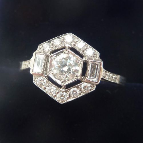fig 1. Gorgeous art deco platinum 0.80ct diamond and baguette diamond cluster vintage antique ring
