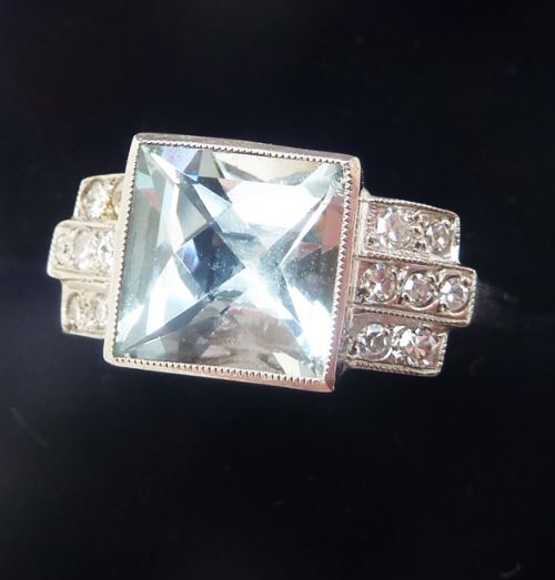 fig 1. Beautiful art deco platinum 3ct aquamarine and diamond vintage antique ring