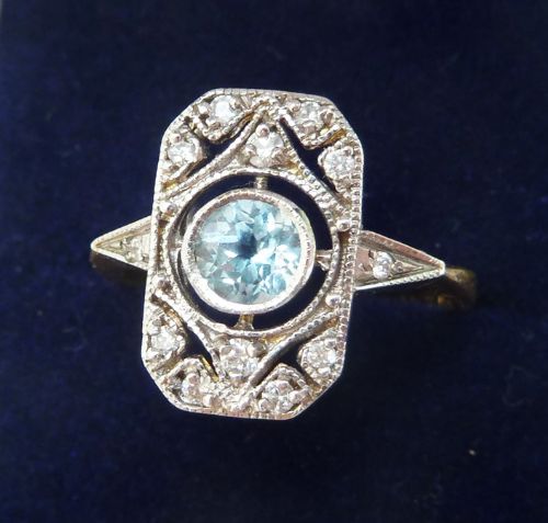 fig 1. Beautiful art deco 18ct 18k gold and platinum aquamarine and diamond vintage antique ring