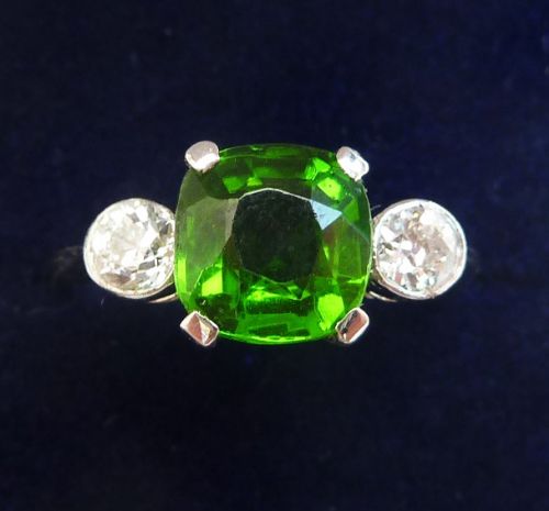 Gorgeous Art Deco Platinum 2ct Tourmaline and Diamond Vintage Antique Trilogy Ring