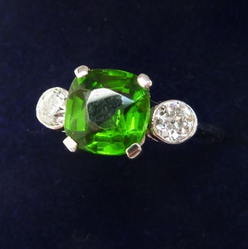 fig 1. Gorgeous art deco platinum 2ct tourmaline and diamond vintage antique trilogy ring