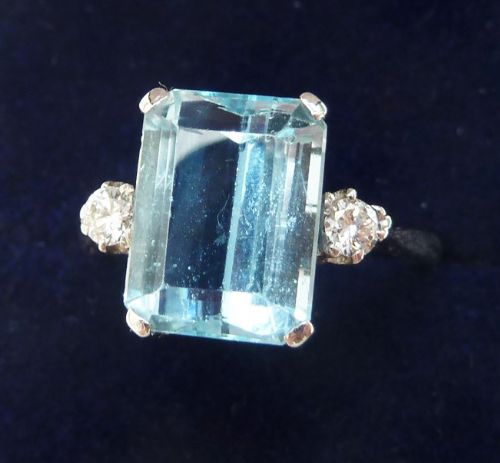 fig 1. Stunning art deco platinum 3.50ct emerald cut aquamarine and diamond vintage antique ring