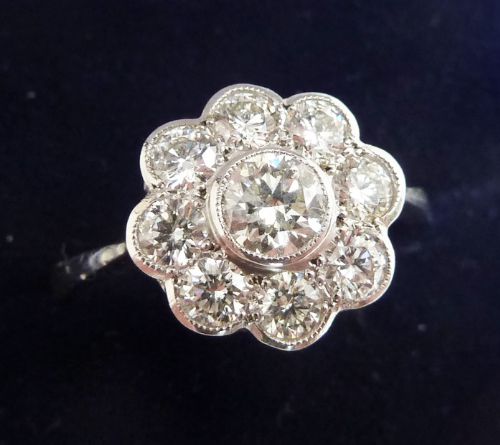 fig 1. Gorgeous art deco platinum 0.90ct diamond daisy vintage antique cluster ring