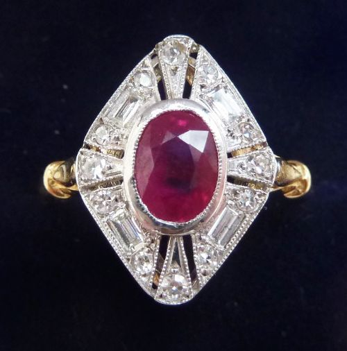 Beautiful Art Deco 18ct 18k and White Gold 1ct Ruby and Baguette Diamond Vintage Antique Ring