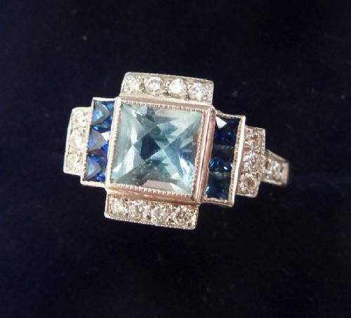 fig 1. Beautiful art deco platinum 1ct aquamarine sapphire and diamond vintage antique ring