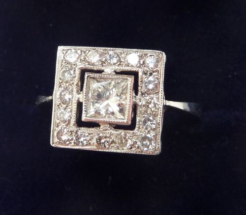 fig 1. Gorgeous art deco platinum 0.88ct diamond vintage antique cluster ring