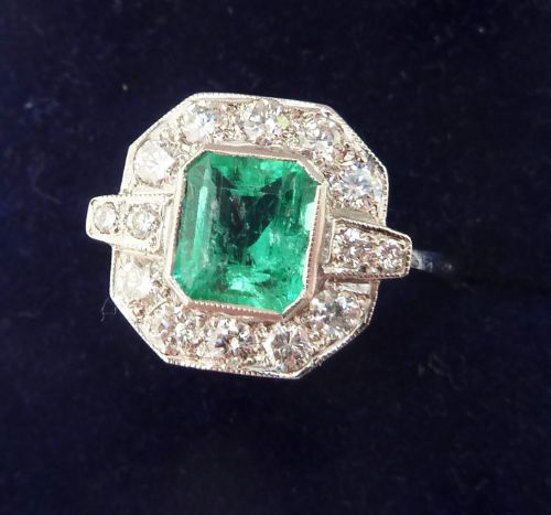 fig 1. Stunning art deco platinum 1.50ct emerald and diamond vintage antique cluster ring