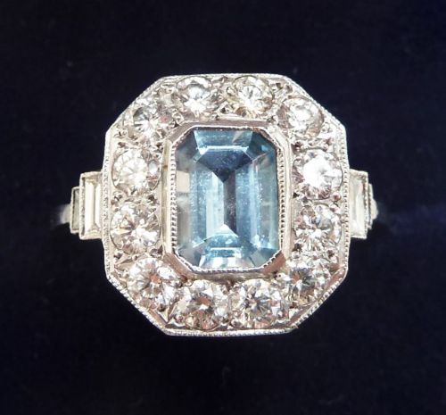 Gorgeous Platinum Art Deco 0.80ct Emerald Cut Aquamarine and 1ct Diamond Vintage Antique Ring