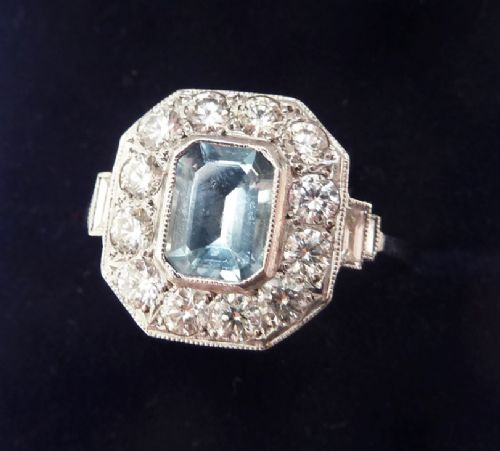 fig 1. Gorgeous platinum art deco 0.80ct emerald cut aquamarine and 1ct diamond vintage antique ring