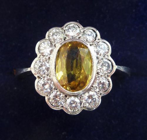Stunning Art Deco Platinum 1.55ct Yellow Sapphire and 1.20ct Diamond Vintage Antique Cluster Ring