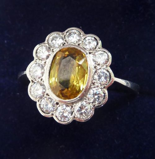 fig 1. Stunning art deco platinum 1.55ct yellow sapphire and 1.20ct diamond vintage antique cluster ring